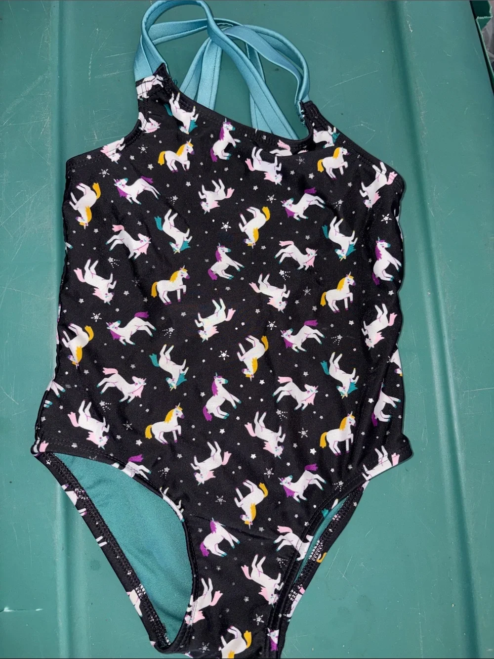 Girls Black Unicorn One-Piece Swimsuit with Teal Straps 5t